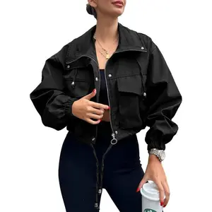 Women's Solid Zip-Up Drawstring Hem Women’s casual long-sleeve collared jacket for spring and fall, suitable for daily wear — gift idea
