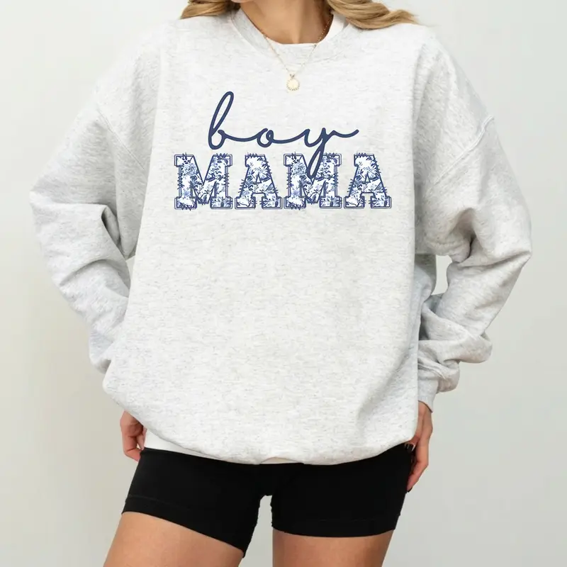 Boy Mama sweatshirt with a cute toile-style design, perfect for new moms, pregnancy announcements, gender reveals, baby showers, and casual everyday wear.