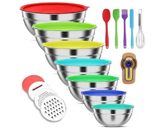 7 PCS Stainless Steel Mixing Bowls with 3 Grater Attachments, Size 4.5, 4, 3.5, 2.1, 1.5, 1.1, 0.7QT, Ideal for Kitchen