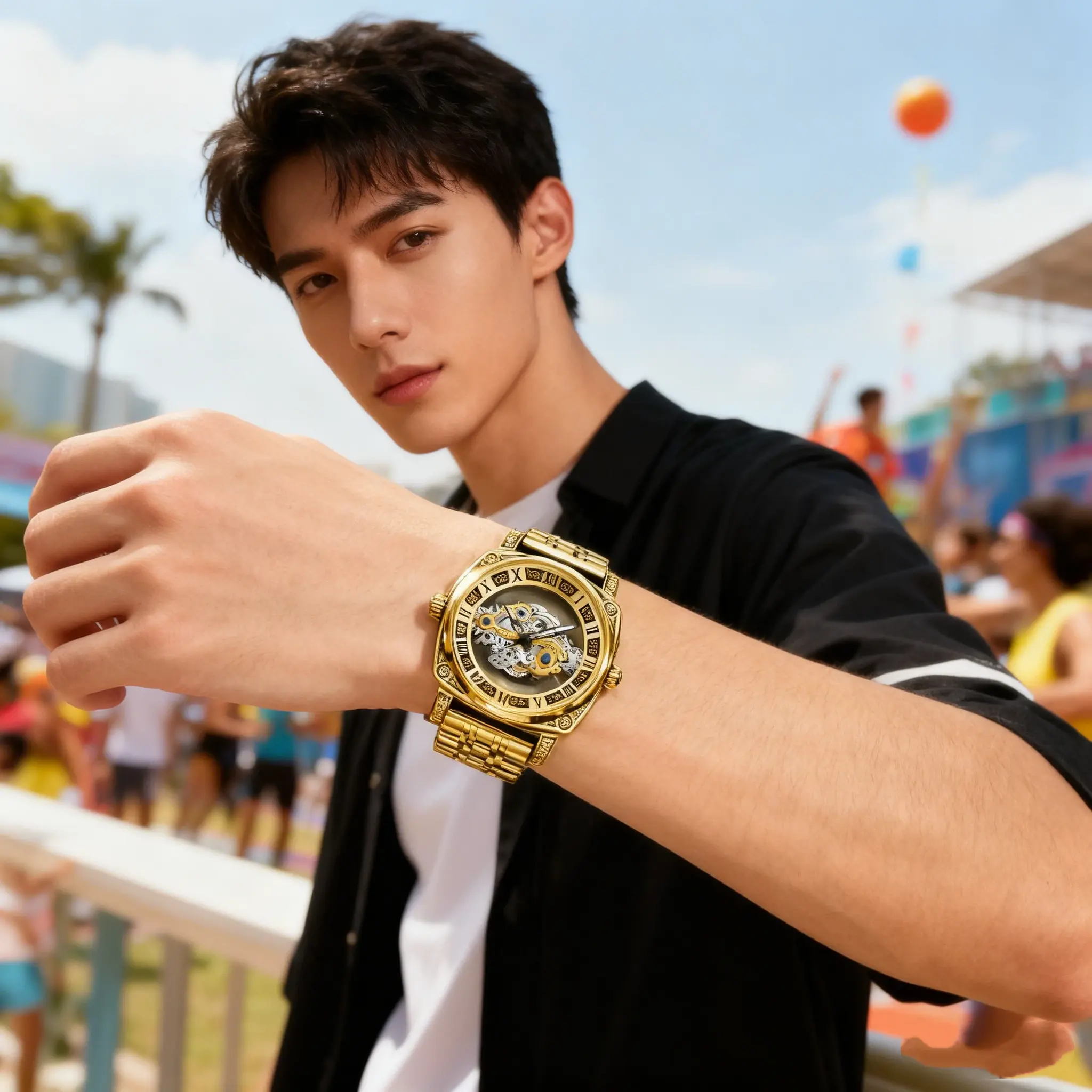 Men's Retro Leather Watch with an Engraved Openwork Tourbillon, Casual Quartz Movement and a Large Dial, Analog Quartz Watch, Vintage Watch