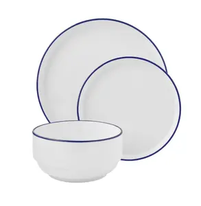 12-Piece Blue Rim Stoneware Dinnerware Set Elegant White with Navy Blue Trim for Everyday Use and Special Occasions
