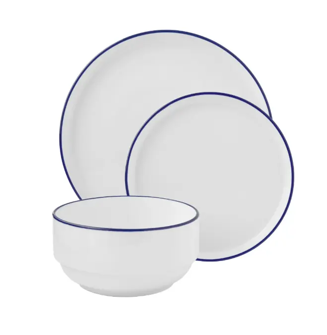 12-Piece Blue Rim Stoneware Dinnerware Set Elegant White with Navy Blue Trim for Everyday Use and Special Occasions