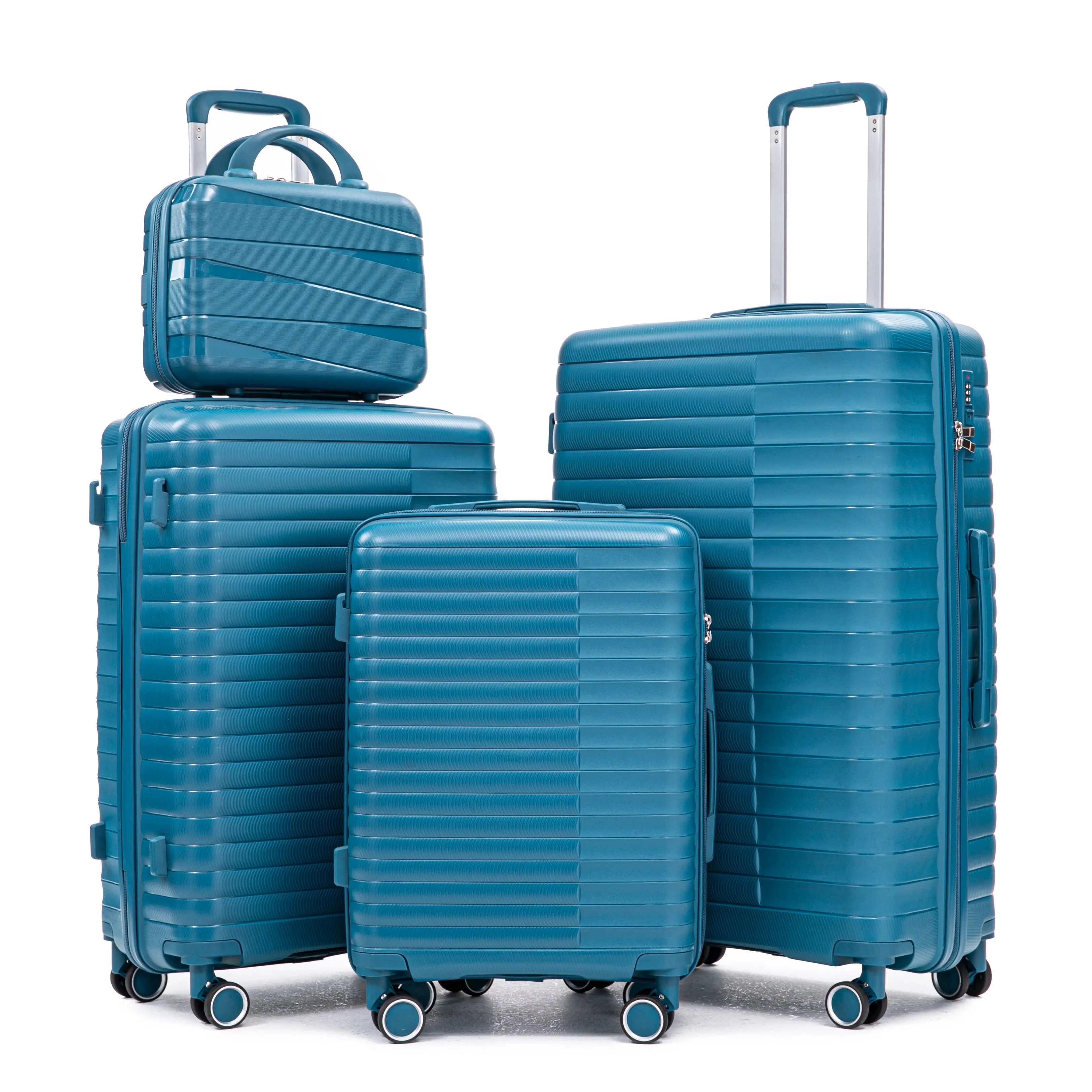 Multi-Size Luggage Set (14"/20"/24"/28") - 4 Pcs Polypropylene Hard Shell Organizer with PP Spinner Wheels, Iron Handle, Combination Lock, 14" Dustproof Cosmetic Case, Carry-On Suitcase for Family Use
