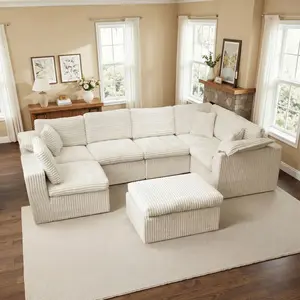 U-Shaped Boneless Modular Sectional Sofa Deep Seat Cloud Couch with Ottoman & Pillows Removable Covers Soft High Back Corduroy Velvet Living Room Furniture Beige White holiday Modern Bed