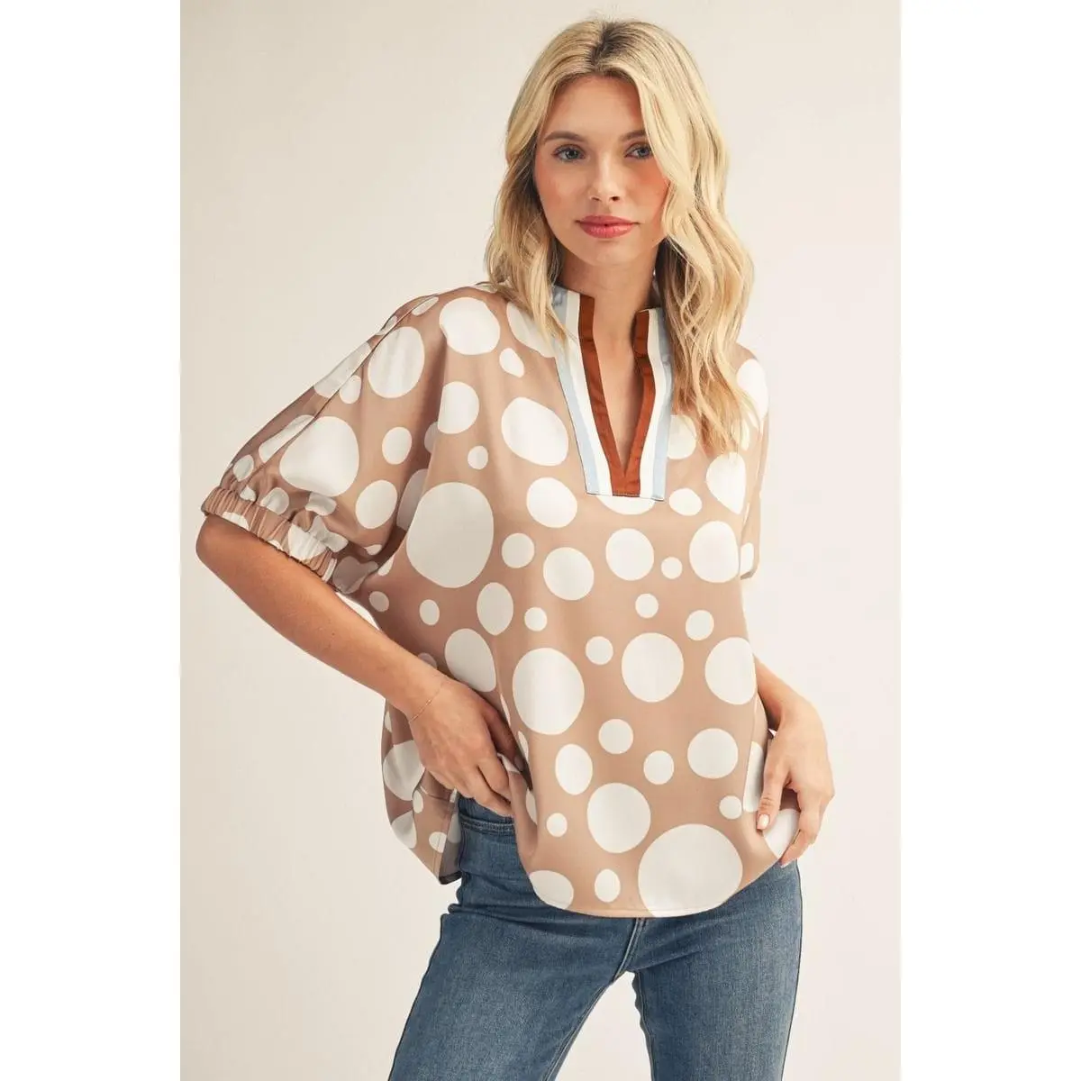 Jodifl Drop Shoulder Polka Dot Contrast Band Trim Neckline Top, Feminine, Blouses