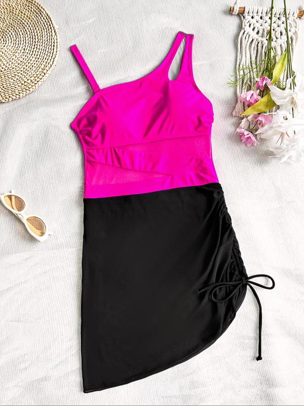 Women's Solid Color Mesh Insert One-piece Swimsuit, Casual Sleeveless Swimwear for Beach Holiday Vacation, Ladies Swimsuit for All Seasons, Mesh Swimsuits