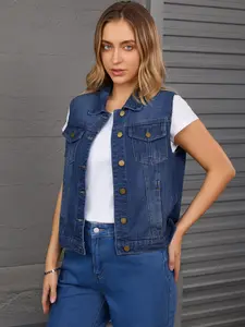 INSPIRE CHIC Women's Denim Vest Button Down Jacket W Chest Flap Pockets Washed Distressed Sleeveless Jean Jacket