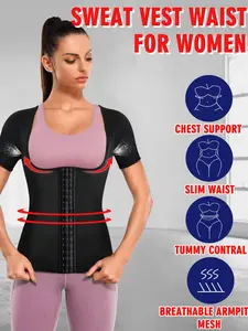 Women's short-sleeved hot sweat sauna body shaping top, chest support style shirt, Breathable Workout Shirt, heat control fiber layer composite high elastic knitted material, promote sweat sauna body shaping