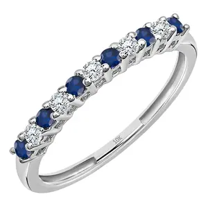 Dazzlingrock Collection Alternate Round Blue Sapphire & White Diamond Stackable Wedding Band in 10K Solid White Gold Size 5