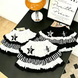 Women's Casual Black White Striped Music Note Tiered Punk Mini Skirt