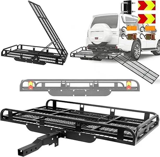 Heavy-Duty Aluminum Alloy Trailer Hitch Cargo Hauler, 900lb Load Capacity, 50×28.3in Foldable Rear Basket, 2-in Hitch Receiver Fit, Bolt Kit Included, Reflective Strips, Ideal for Trucks/SUVs, Camping & Road Trips