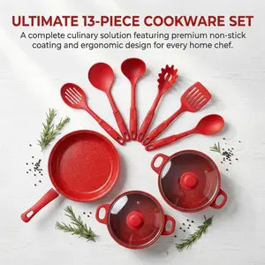 Red 13-piece pot set, non-stick kitchen set for family dinners, soup pot + frying pan combination, non-stick and easy to clean, kitchen stewing and frying all-round good things, Kitchen Cookware Sets
