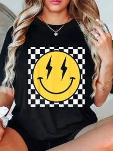 100% Cotton Retro Happy Face Distressed Checkered Pattern Smile Face T-Shirt