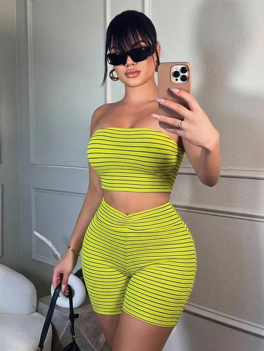 Lime Green Two Pieces Outfits: Print Tube Top And Print Shorts Summer Shorts Set Gym Work Athleisure Athletic Baggy