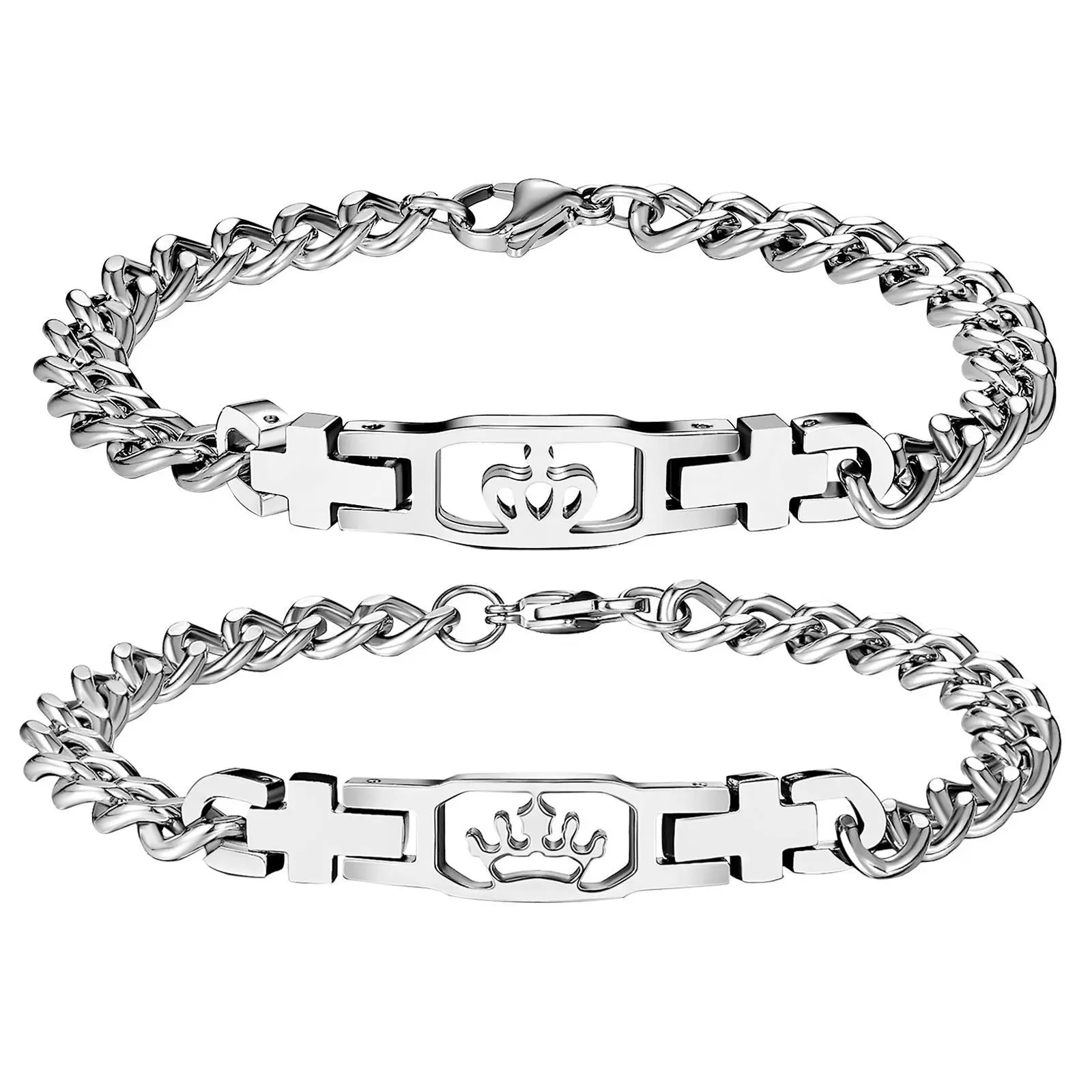 OIDEA Cross-Crown Couple Bracelet Matching Set - Stainless Steel Hypoallergenic His & Hers Bracelets, Small/Large, Valentine’s Day Anniversary Gift for Partners