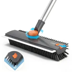 3-in-1 Extendable Floor Scrub Brush with Long Handle - Heavy-Duty Stiff Bristle Cleaning Mop with Built-in Silicone Squeegee, Deep Clean Tool for Bathroom Tile, Kitchen Floor, Patio