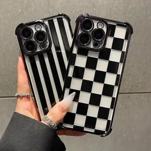 vertical stripes checks for use with iPhone 17 air 16 Pro max 15 plus 14 Pro 13/12/11/X/XS/XSMAX transparent soft clear phone case compatible with Samsung Galaxy S25 ultra S24 plus S23 FE S22 affordable luxury aesthetic artistic Shockproof trending