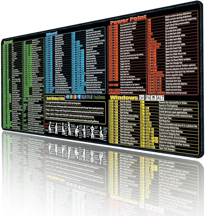 Excel/Word/Power Point/Windows Mouse Pad, Non-Slip & Waterproof Large Gaming Desk Mat, Over 200 Keyboard Shortcuts, 3mm Thick Neoprene
