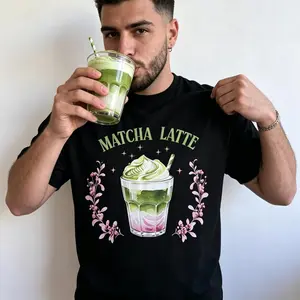 Matcha Latte Aesthetic Graphic Tee for Coffee Enthusiasts Trendy Oversized Casual Top for Women and Men Cozy Matcha Latte Lover T Shirt Featuring Floral Green Tea Drink Design Ideal Gift for Matcha Fans