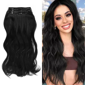 Vlasy Clip-in Synthetic Hair Extensions Long Wavy 3PCS Thick Hairpieces Black Brown Fiber Natural Hair Extensions 20 Inch for Women Easy to Attach