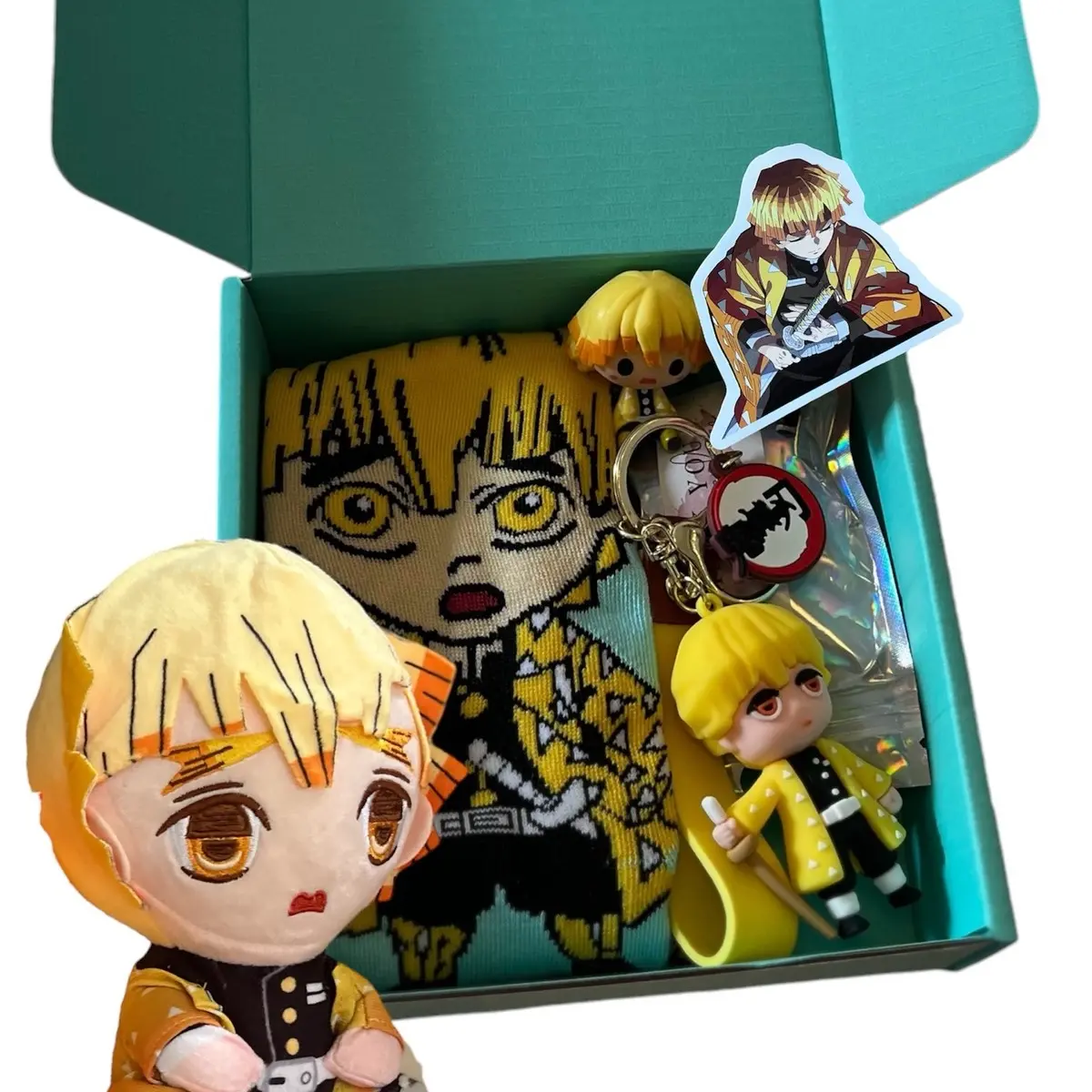 Zenitsu demon slayer gift box , including keychain, socks little pop finger and plush doll ! The perfect gift for any demon slayer fan