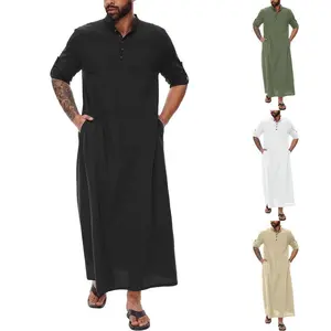 2025 Arab style simple cotton and linen long standing collar button Muslim robe men's clothing