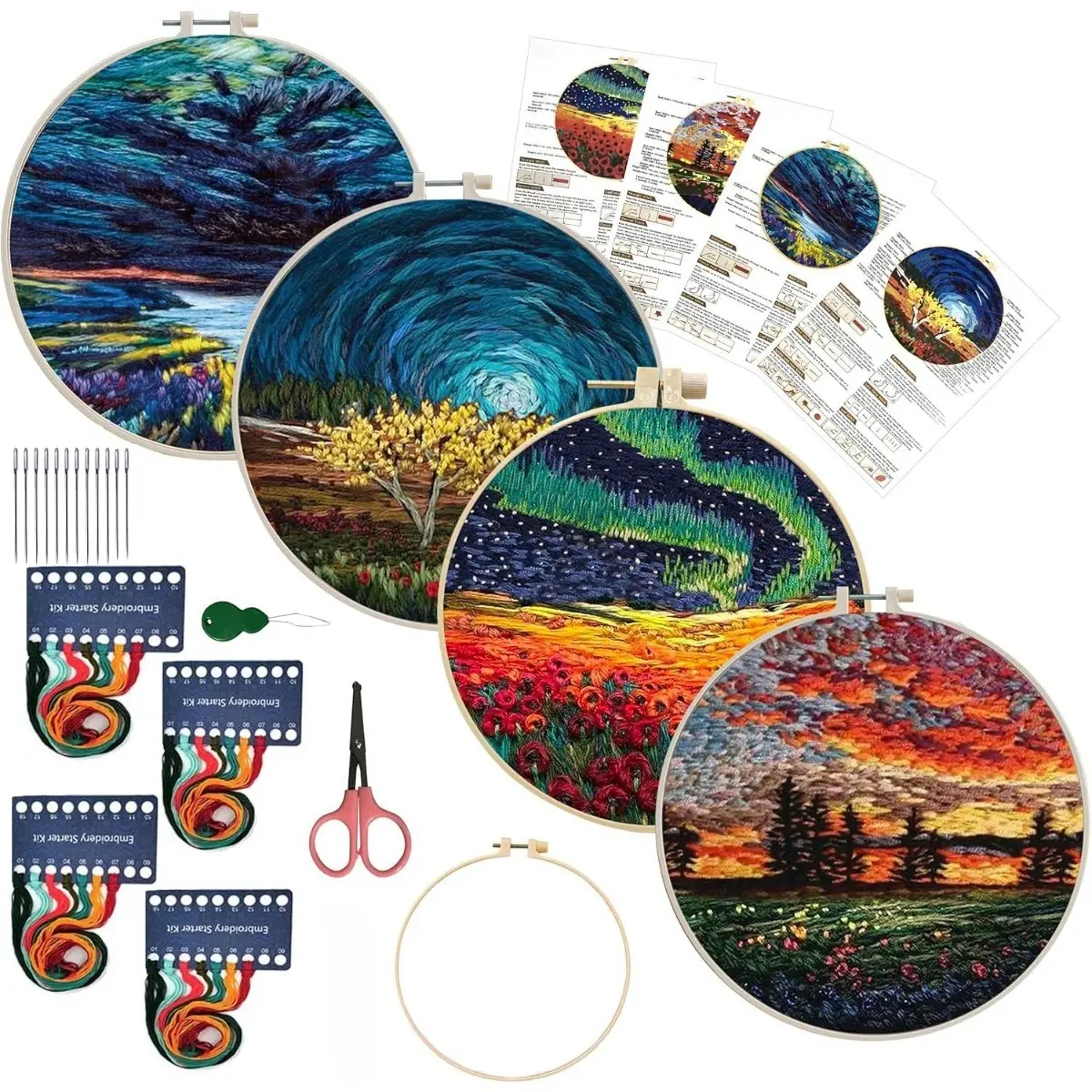 4-piece embroidery starter kit with patterns, suitable for both beginners and adults, stamping cross stitch kit with embroidery rings and instructions, handmade embroidery kit