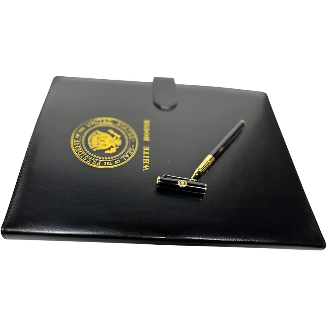 White House Presidential Leather Portfolio Folder with Gold Embossed Seal, Black, Executive Professional Document Organizer