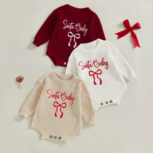 Baby Girl Boy Cute Santa Baby Embroidery Long Sleeve Knit Bubble Sweater Romper Infant Newborn Christmas Outfits