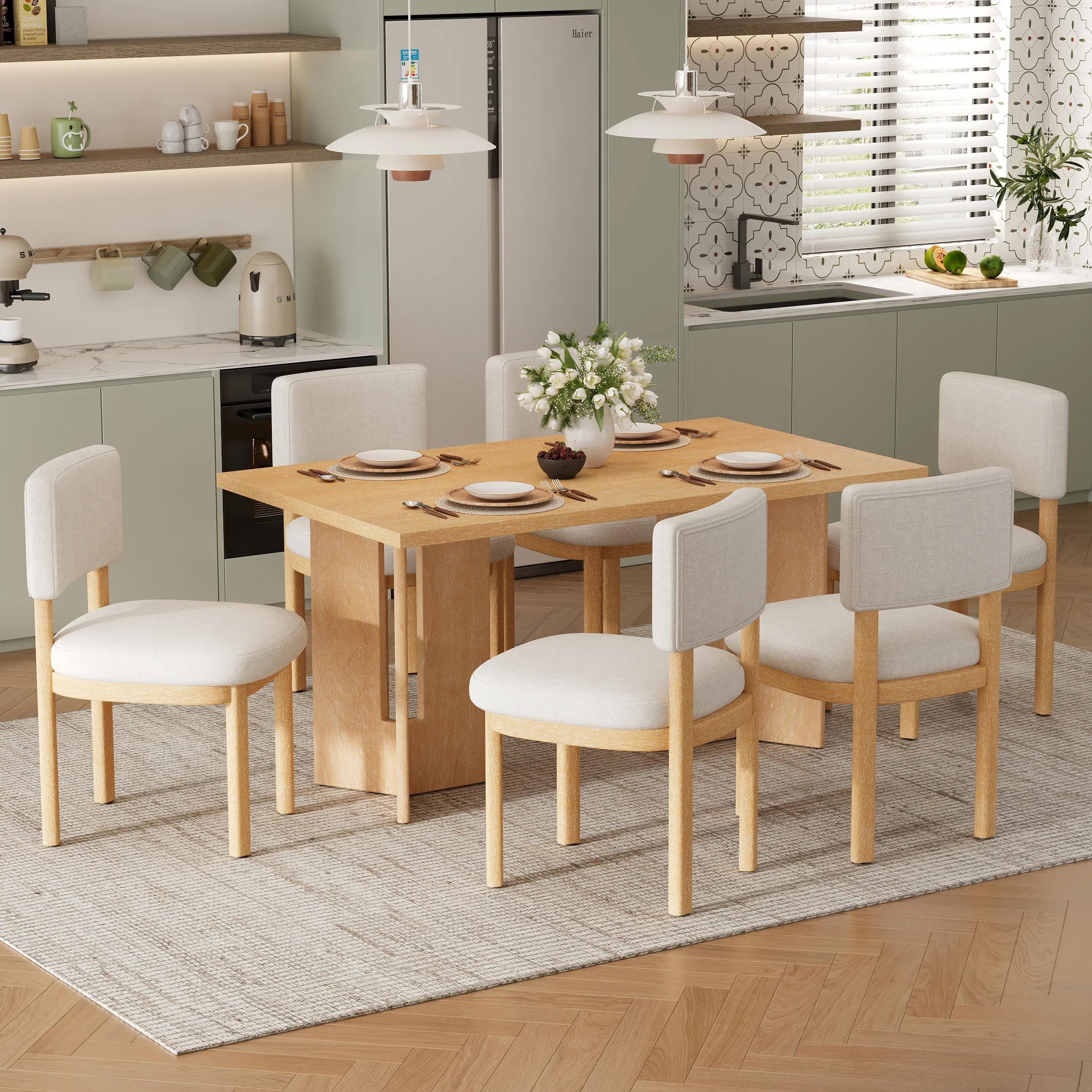 Farmhouse Wood Dining Table Set for 6 with 6 Upholstered Chairs, 60" Rectangular Table with Cutout Legs, Natural Wood Wash, Dining Room Kitchen Living Room Furniture Set, Dining Room Chairs for Kitchen, Dining Room, Living Room
