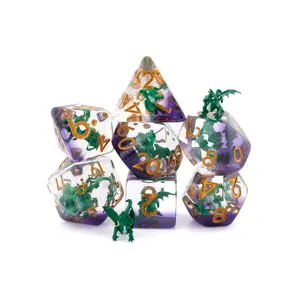 Dragon Resin 7 Piece DnD Dice Set with Embedded Miniature Dragons for Tabletop RPG Enthusiasts 1 d4 to 1 d20