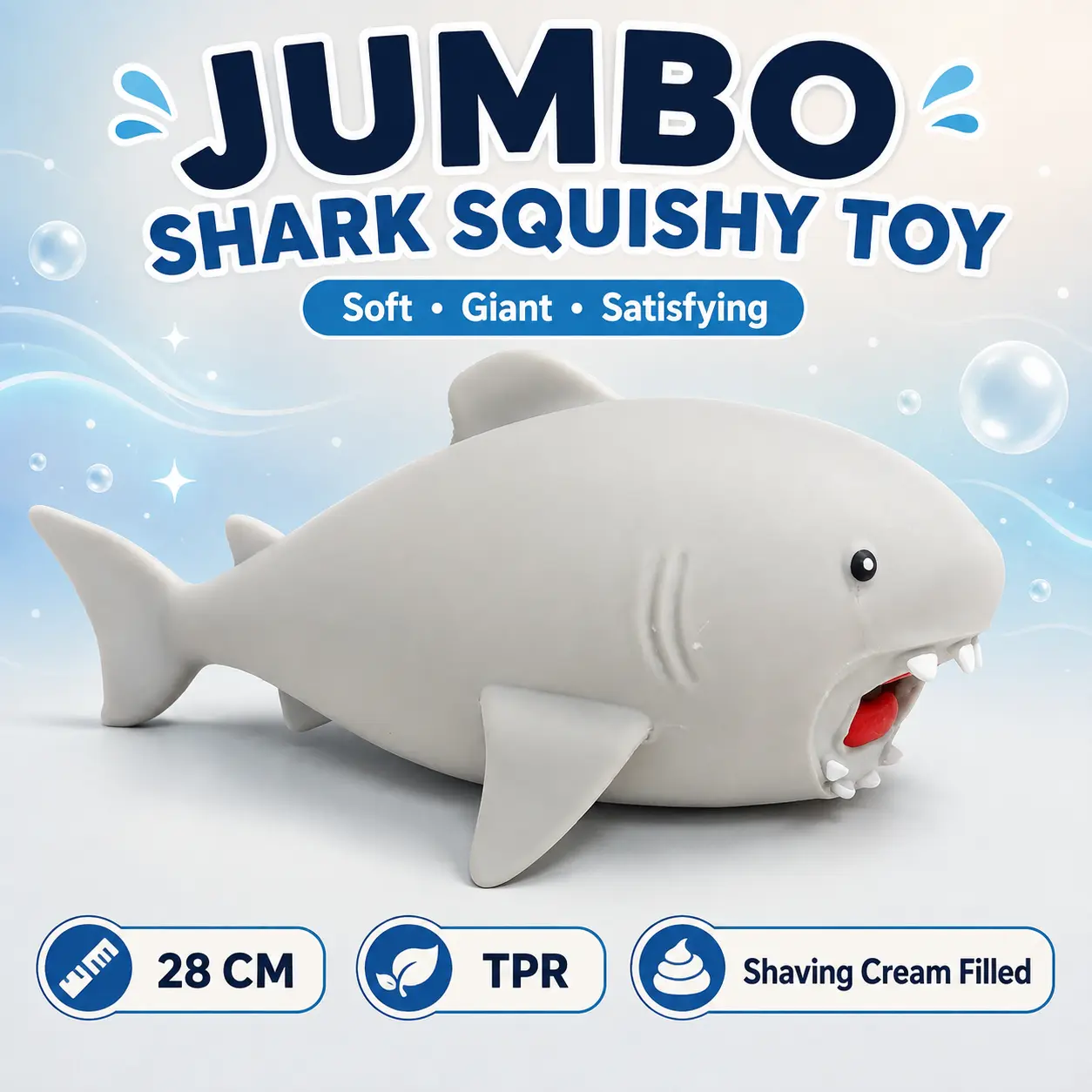 Jumbo Shark Squishy Toy, 28cm Giant Realistic Shark Squeeze Toy, TPR Shaving Cream Filled Sensory Stress Relief Fidget Toy, Soft Ocean Animal Desk Toy and Fun Gift