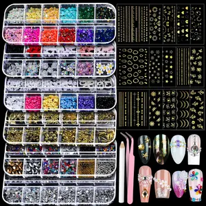 Nail Charms Nail Art Kit with 15 Sheets Gold Nail Stickers, 6 Boxes of Nail Gems Nail Art Tools Nail Rhinestones for Nails, Nail Supplies 3D Nail Charms and Gems Nail Decals Nail Pearls