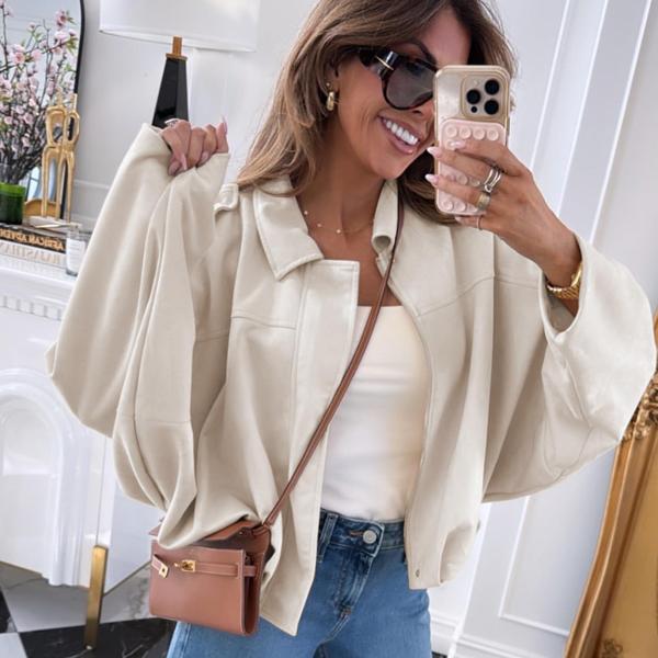Women's Casual Army Green Jacket with Lapel Design Batwing Sleeves Button Front Lightweight Fashionable for Spring Autumn Winter All Match Tops Coats Womenswear Outerwear Fitted Basic Collared Minimalist length sleeve Dark Brown