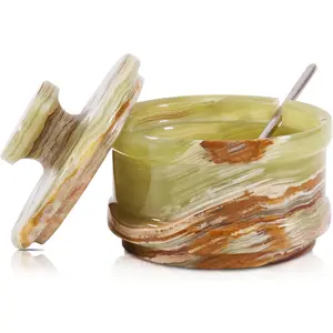 Marble Salt Cellar with Lid 4 Inch Green Handmade Salt Jar & Table Salt Storage For Kitchen Countertop, Ideal Salt Container, Salt Dish & Sugar Bowl For Table
