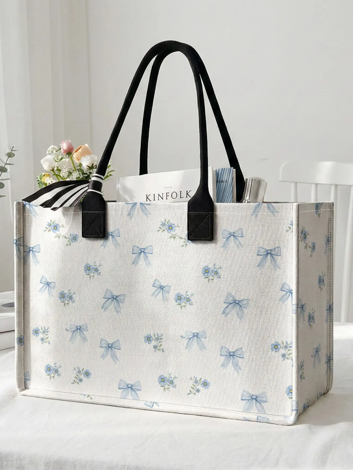 1 piece of blue flower bow pattern 2D printed large capacity storage bag, Tote Bag, extra large storage bag, sturdy handle, space-saving multi-purpose, suitable for use at school, business trips, shopping