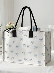 1 piece of blue flower bow pattern 2D printed large capacity storage bag, Tote Bag, extra large storage bag, sturdy handle, space-saving multi-purpose, suitable for use at school, business trips, shopping