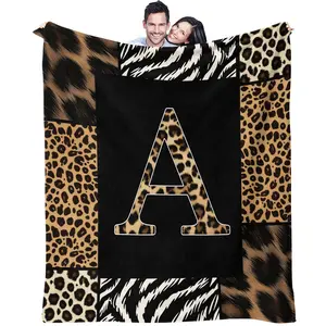 Animal Print Monogram Throw Blanket, Leopard Zebra Tiger Initial Soft Flannel Blanket for Sofa Bed, Gift for Animal Lovers
