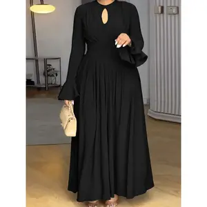 Elegant Plus Size A-Line Pleated Dress with Ruffled Sleeves, Spring & Autumn Woven Fabric, Suitable for Parties & Everyday Wear