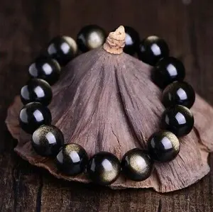 Beautiful Natural Golden Sheen Obsidian Beaded Bracelet Crystal Stone Jewelry