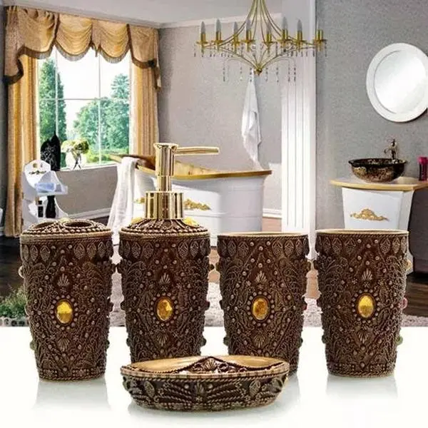 Watson Classic Brown Resin 5-Pack Bathroom Accessory Set - Includes Soap Organizer, Toothbrush Organizer, Home Bathroom Decor Supplies, Jewels, Bathroom Decor Set, Five-Piece Kit