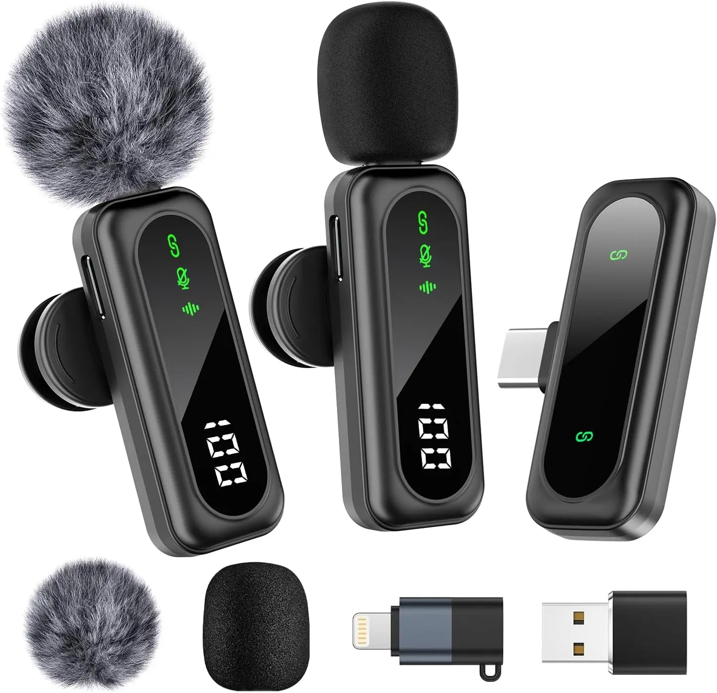 Wireless Lavalier Microphone with digital battery display, rotatable clip, intelligent noise reduction, compatible with iPhone 15/16, Android phones, and desktop computers, suitable for live streaming, video recording, interviews, and vlogs.