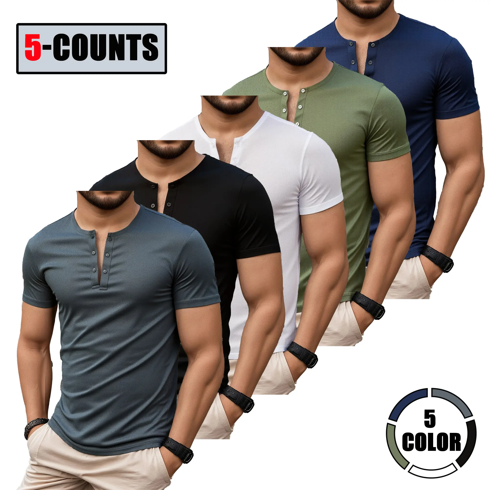 Pack of 5 men’s short-sleeve Henley-collar T-shirts with a half button placket, small V-neck, slim fit, solid color—skin-friendly and breathable; suitable for fitness, commuting, home, and casual wear. Streetwear Stylish
