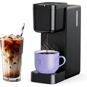 Single Serve Coffee Maker Hot and Iced with Bold Brew, Small Coffee Machine for K Cup and Ground, Fits 7.3'' Travel Mug, Brews up to 16 Oz, 5 Cup Sizes, for Office, RV& Hotel, Elegant Black