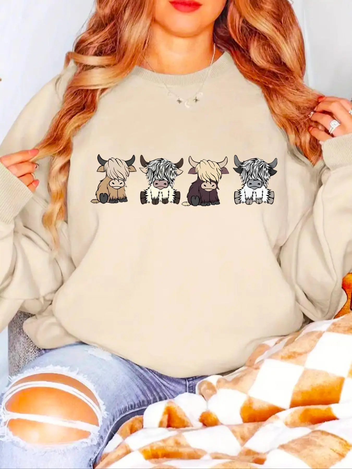 Women's Cartoon Goat Print Drop Shoulder Sweatshirt, Casual Long Sleeve Round Neck Pullover for Fall & Winter, Ladies Clothes for Daily Wear