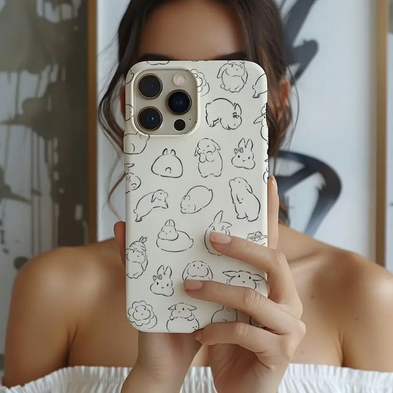 Cute Black & White Bunny Rabbit Illustration Phone Case - Durable Polycarbonate Shell, Protective Mobile Phone Accessory for iPhone 11,12,13,14,15,16,17 Pro Max, Air, Plus, Protection
