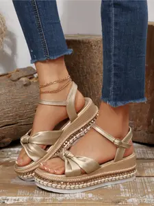 Women's Butterfly Knot Wedge Sandals, Rivet Decorative Straw Style Thick Sole, Open Toe Anklet Summer Shoes, Casual Beach Vacation, Ankle Wrap Sandals