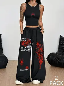 Gothic Spider Print Two-Piece Set, Women's Short Tank Top & High Waist Wide Leg Pants, Slim-Fitting Casual Fall