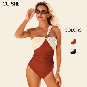 CUPSHE One Shoulder Sculpting One Piece Swimsuit Tummy Control Colorblock Cutout High Cut Slim Fit Beach Vacation Swimwear Bathing suit #SummerVibes