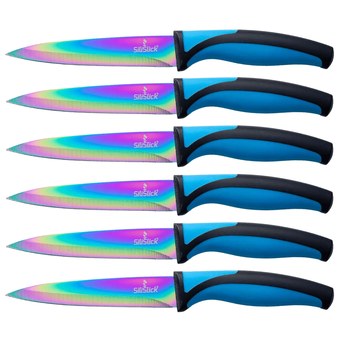 6-Piece Iridescent Rainbow Titanium Coated Steak Knife Set, Ergonomic Blue Handles, Smooth Edge Blades with Protective Sheaths, Six Pieces, Straight Blade